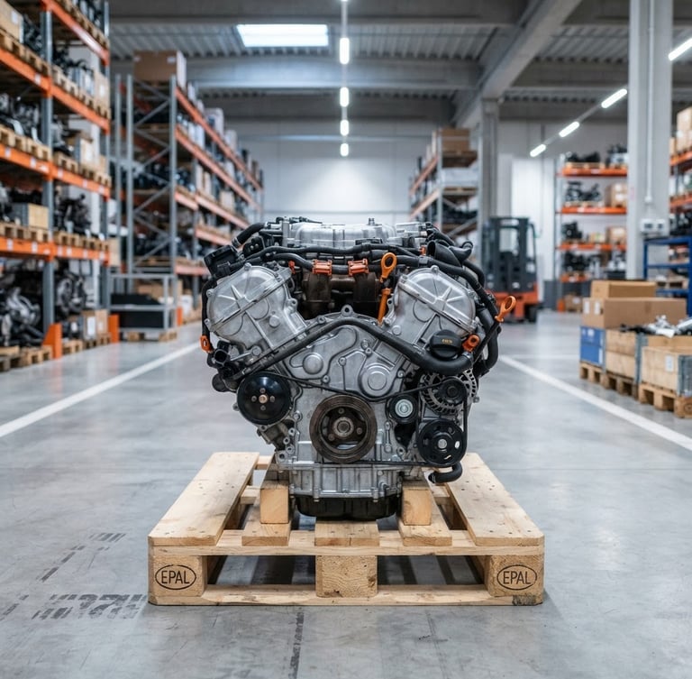 Clean, organized warehouse interior, a pristine used engine on a pallet in the foreground, sharp industrial lighting, cool metallic tones with high-contrast orange accents, 50mm lens, centered