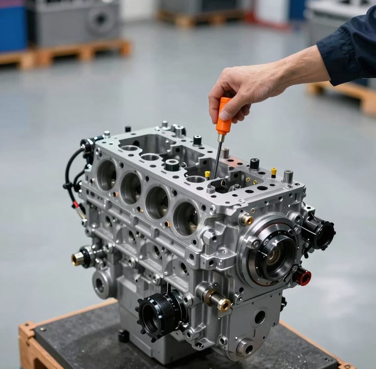 Technician performing a diagnostic test on a clean engine block, focus on the testing equipment and engine details, crisp industrial photography, clean warehouse lighting, high-contrast, cool metallic tones, 50mm lens, engine on a pallet, off-center framing.