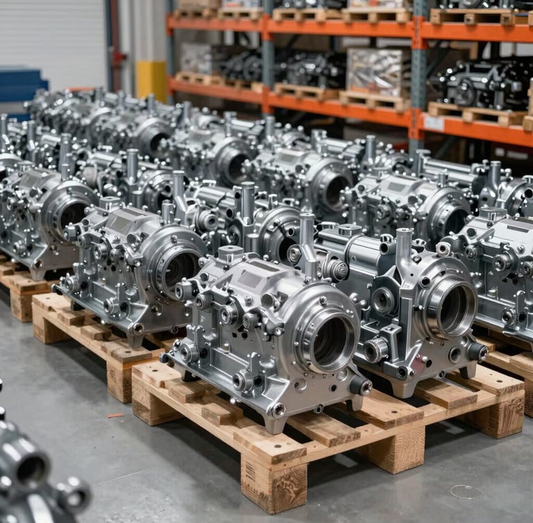 Wide shot of a clean, organized warehouse interior, with rows of heavy auto components on pallets, under bright industrial lighting. Focus on scale and order. Cool metallic tones with subtle orange accents.