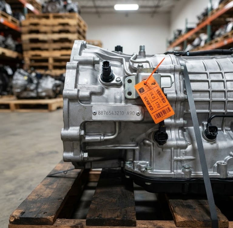 Close-up of a clean, mileage-verified OEM automatic transmission on a pallet in a well-lit warehouse, cool metallic tones, high-contrast orange accents, 50mm lens, focus on part number stamp.