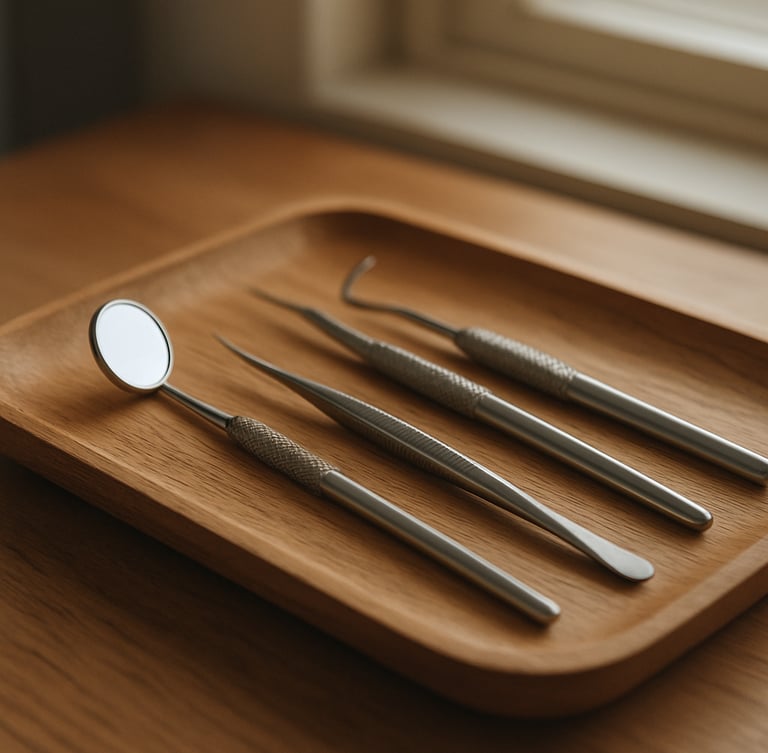 Close-up of modern dental instruments resting on an oak tray, soft morning light filtering through a window, warm tones