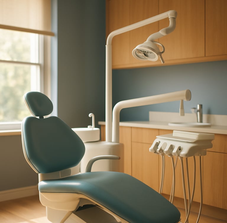 A sunlit, modern dental treatment room with warm oak wood accents, soft natural window light, and clean minimalist design, 35mm editorial photography, shallow depth of field