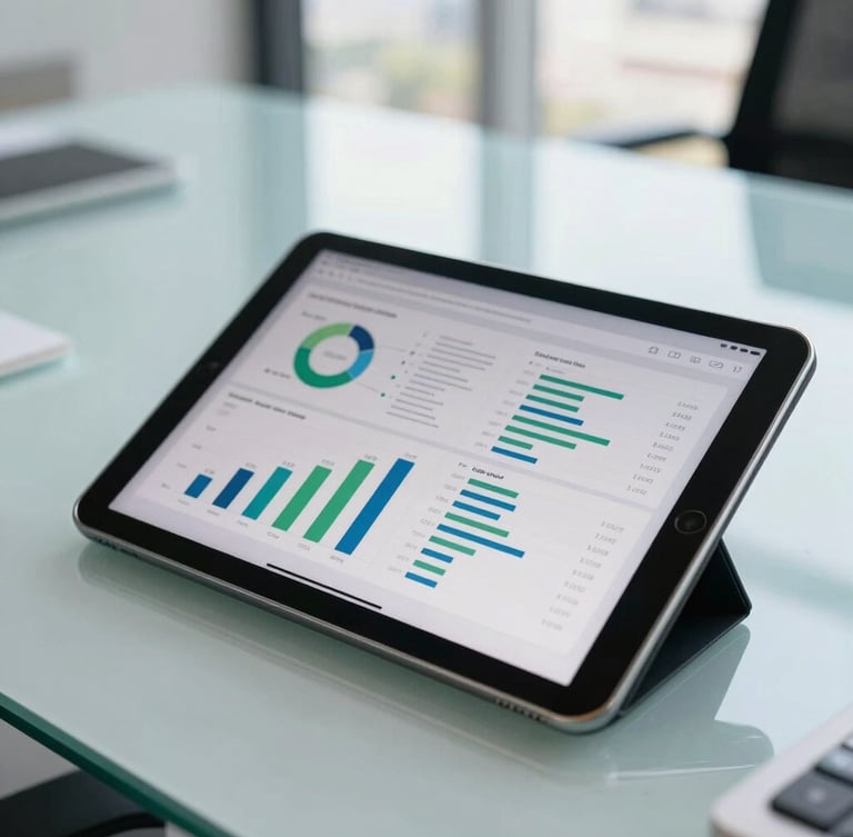 Close-up of a modern tablet displaying structured sales charts and digital documents on a clean glass desk in a bright São Paulo corporate office, natural daylight, professional navy and green tones, shallow depth of field
