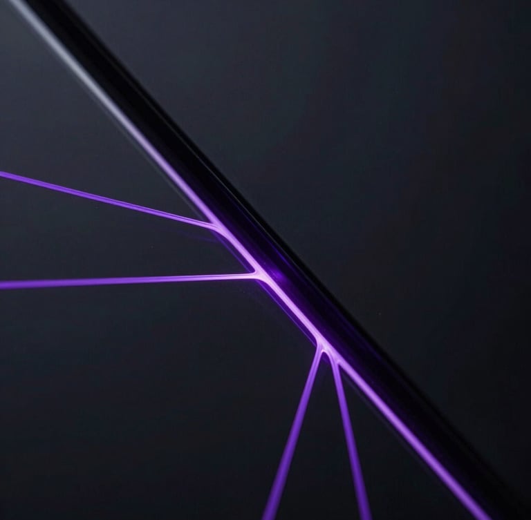 Macro close-up of a dark glass interface with thin glowing violet lines tracing a network path, low-key studio lighting, high precision.