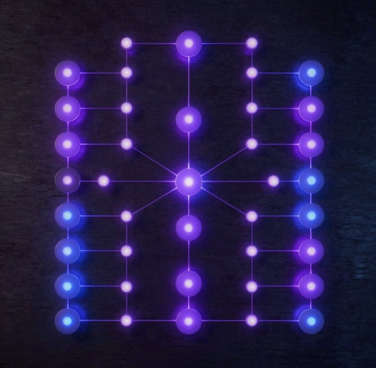 Symmetrical wide diagram of structured information flows, glowing nodes on a dark brushed metal texture, violet and blue ambient lighting.