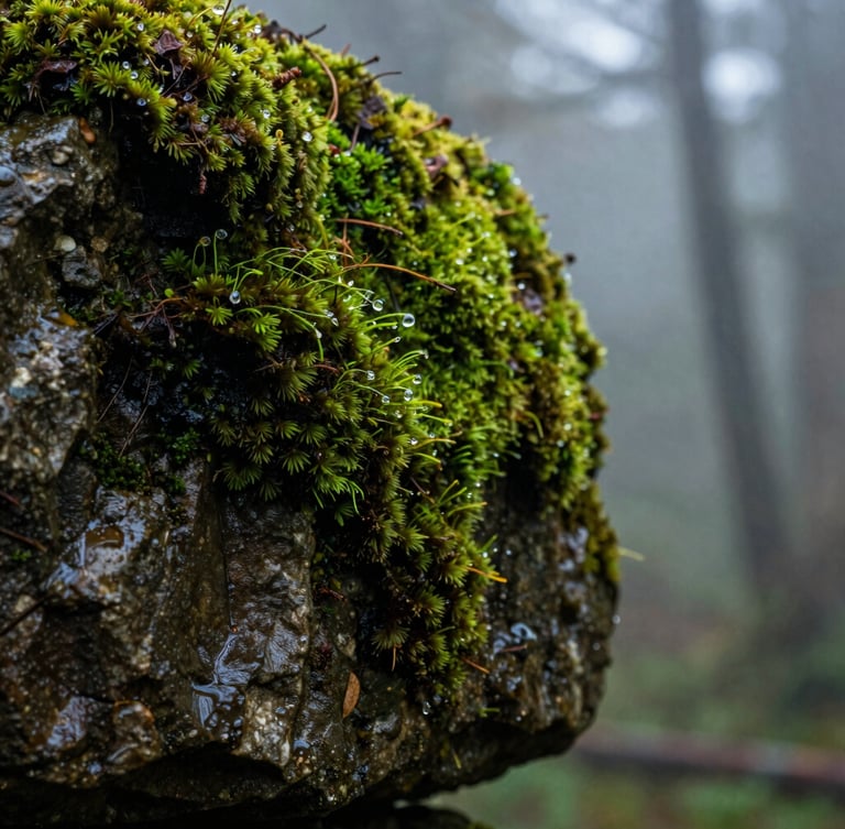 Extreme close-up of wet, dark moss growing on an ancient stone in a misty forest canopy, overcast soft light, macro details of water droplets, deep green tones.