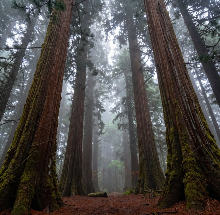 Misty ancient redwood forest canopy, towering moss-covered trunks disappearing into thick morning fog, damp spruce needles on the forest floor, low-light, atmospheric, wide-angle crop.