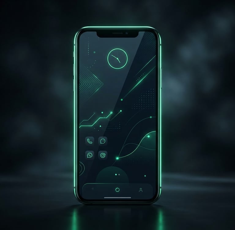 Sleek digital product photography of a modern smartphone mockup on a dark studio background, vibrant neon green edge lighting reflecting on glass, showing a clean minimal interface with sharp typography, 50mm focus.