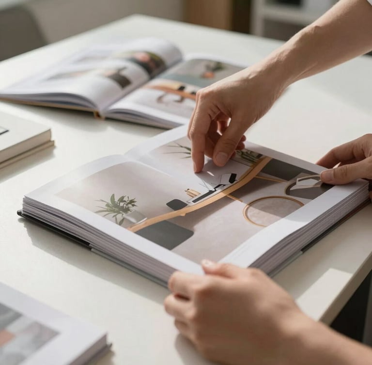 Close-up of a clean workspace with natural diffused daylight, hands arranging high-end design catalogs, soft shadows, editorial composition