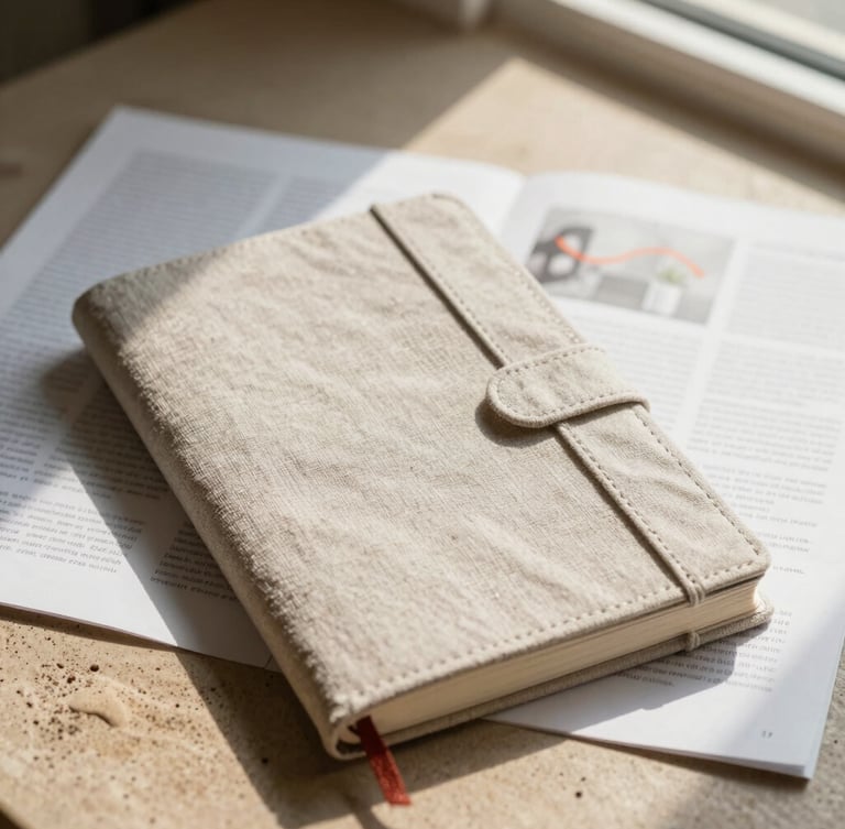 A close-up portrait of a high-end textured linen journal and editorial layout sheets being styled on a warm sand surface under soft, diffused natural window light.