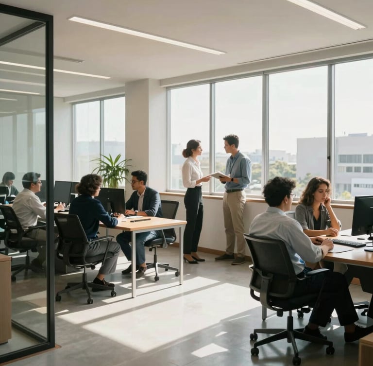 Environmental shot of a bright, modern Brazilian corporate office with natural daylight streaming through large windows, professionals collaborating in the background with a clean, high-trust aesthetic.