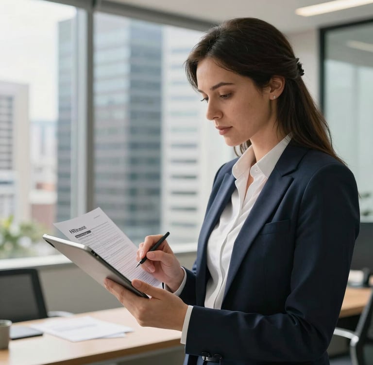 Environmental medium close shot, bright natural daylight, a modern corporate office in São Paulo, an HR manager reviewing plan comparison documents on a tablet, clean professional aesthetic.