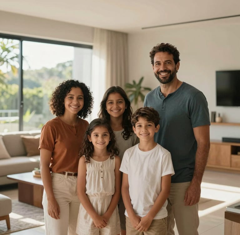 Environmental portrait of a Brazilian family in a modern, sunlit living room, soft natural morning light, authentic smiles, clean architectural lines, high-end editorial feel.