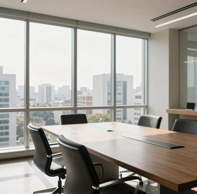 Environmental shot of a modern, bright meeting room in São Paulo, natural high-key daylight streaming through large windows, clean glass surfaces, negative space on the left.