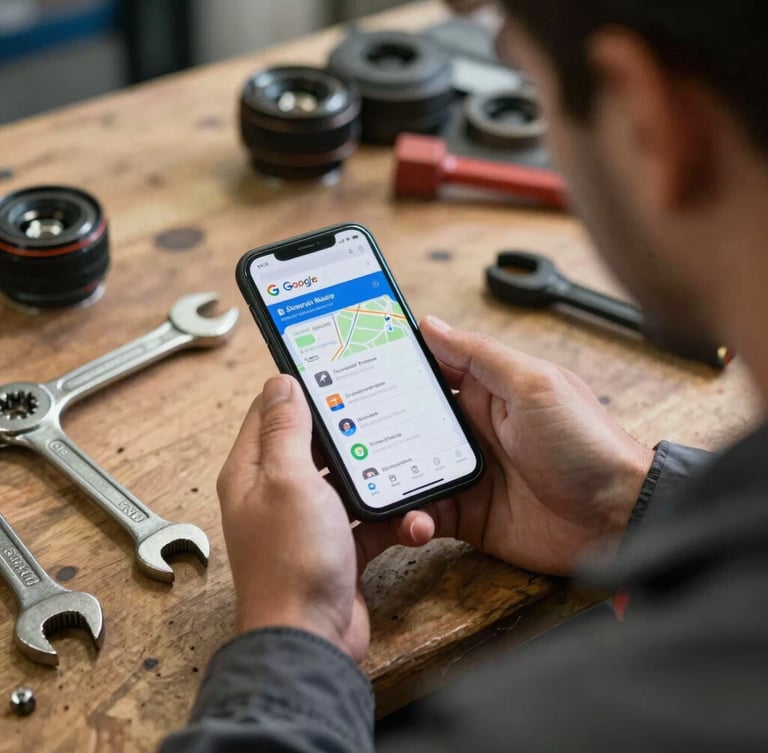 Over-the-shoulder shot of a mechanic in a daylight-flooded garage, holding a smartphone showing a verified Google Maps business profile next to physical wrench tools on a wooden workbench.