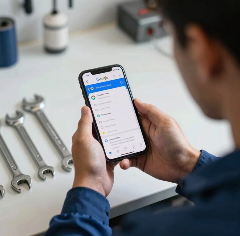Over-the-shoulder daylight shot of a local mechanic in a bright, clean workshop using a smartphone displaying a verified Google Maps listing next to physical wrenches.
