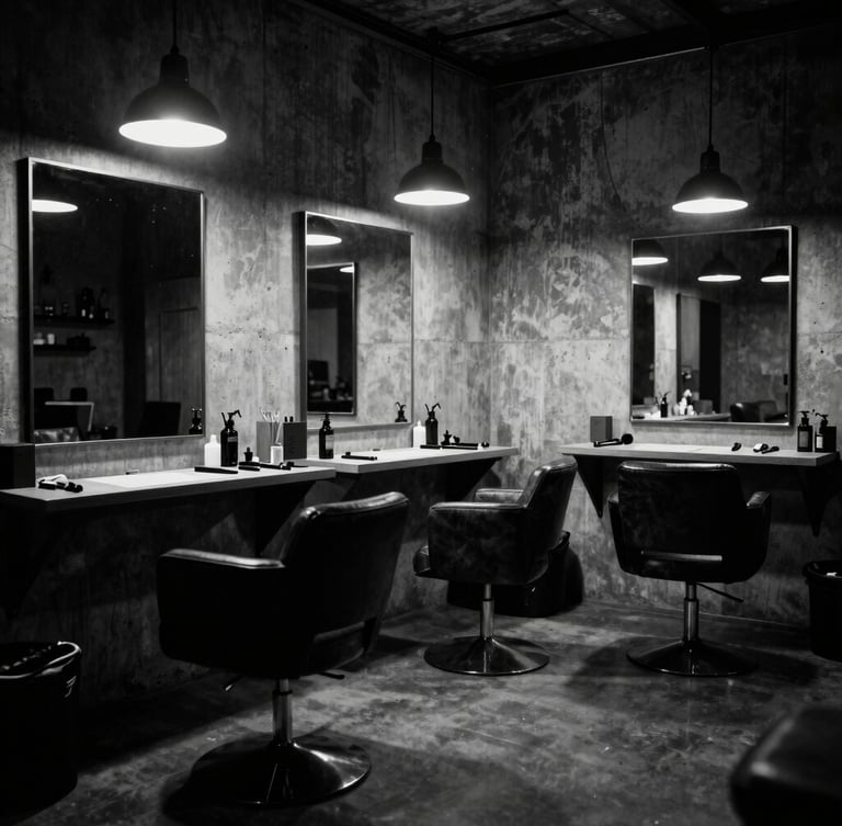 Moody environmental shot of the raw industrial-chic tattoo studio interior in Palamós, concrete walls, leather chairs under warm directional lamps, dark shadows, black and white photography