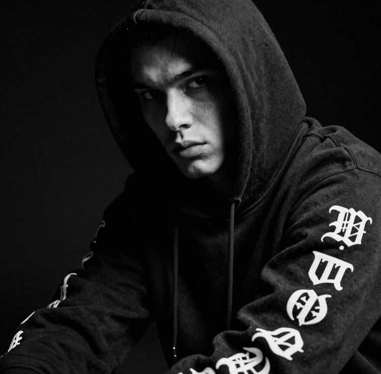 High-contrast black and white close-up of a rebellious model wearing a heavy black hoodie with gothic lettering on the sleeve, dramatic studio lighting, dark background, 35mm film grain.