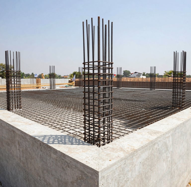 Sharp architectural photography of a modern concrete foundation under construction in Bareilly, steel rebar reinforcement grids visible, bright midday Uttar Pradesh sun.