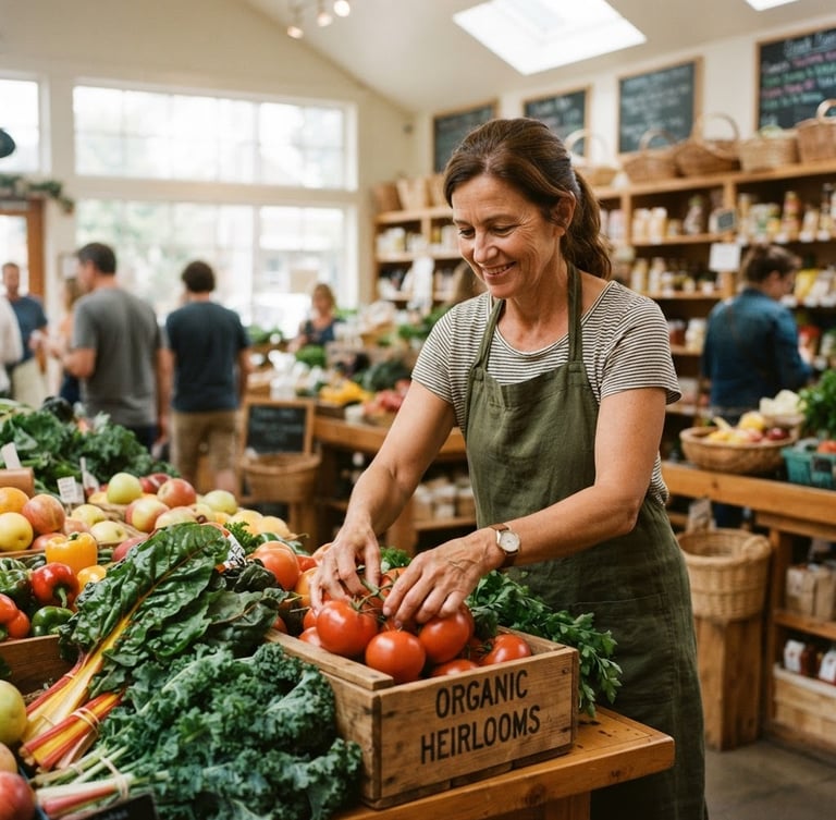 A focused local business owner arranging fresh produce in a bright, naturally lit neighborhood market, warm 35mm editorial photography.
