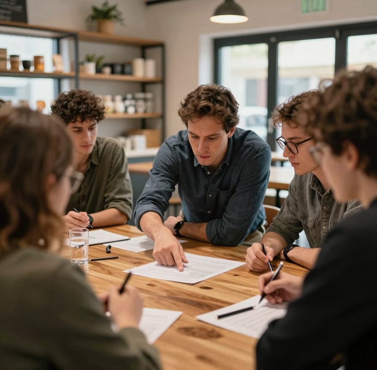 A collaborative workshop inside a modern local bakery, a mentor pointing to a business plan on a wooden table, warm natural daylight, 35mm.