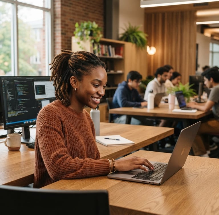 Medium-close environmental portrait of a young adult working in a newly built digital learning lab, natural daylight, warm organic tones, 35mm