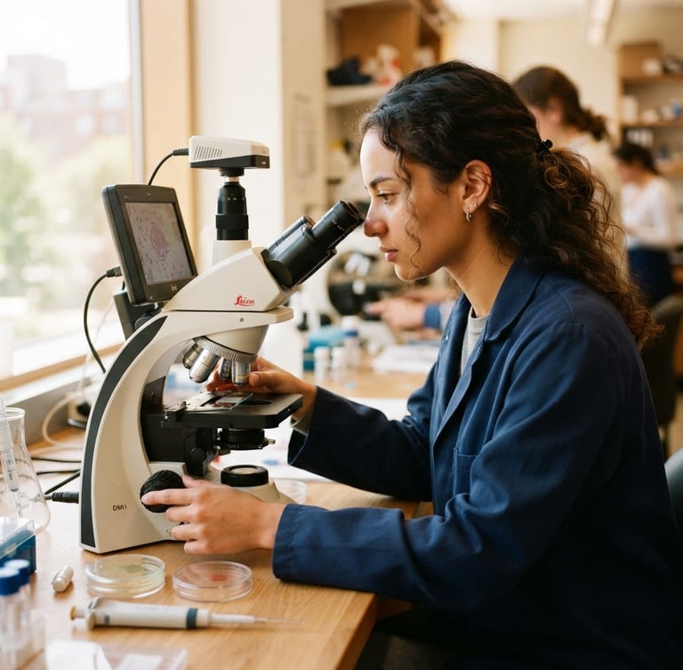 Close-up of a female student adjusting a digital microscope in a bright, modern science lab, warm natural window light, 35mm photography