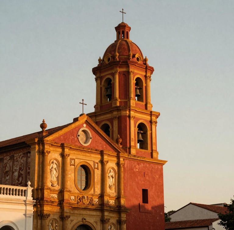 Atmospheric street view of Binondo Church bell tower at golden hour, warm editorial photography, soft light, shallow depth of field