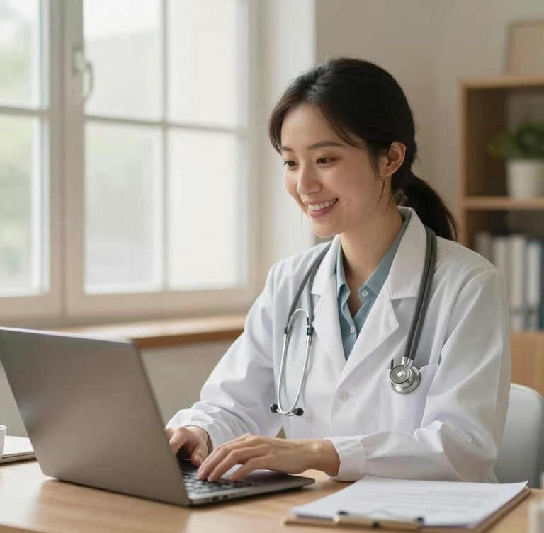 A compassionate doctor in a warm, sage-toned office, speaking warmly on a video call, soft natural window light, reassuring and professional clinical editorial photography.