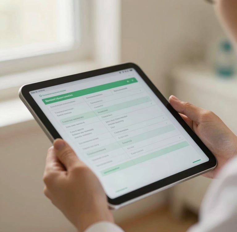 Close-up of hands holding a tablet displaying a clear medical chart with soft green accents, warm natural light, shallow depth of field, professional clinical setting