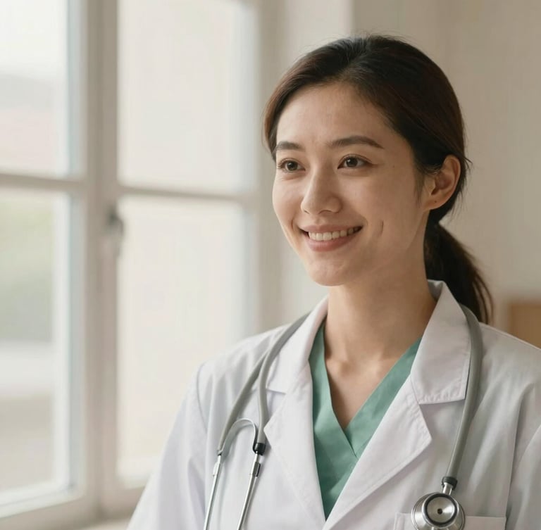 A medium close-up of a compassionate female radiologist smiling warmly in front of a soft window-lit background, wearing a simple stethoscope, sage and cream tones, professional editorial photography.