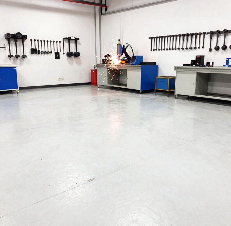 Wide-angle view of a bright, high-contrast fabrication workshop, sparks flying from a welding station in the background, clean concrete floor, tools arranged neatly on walls