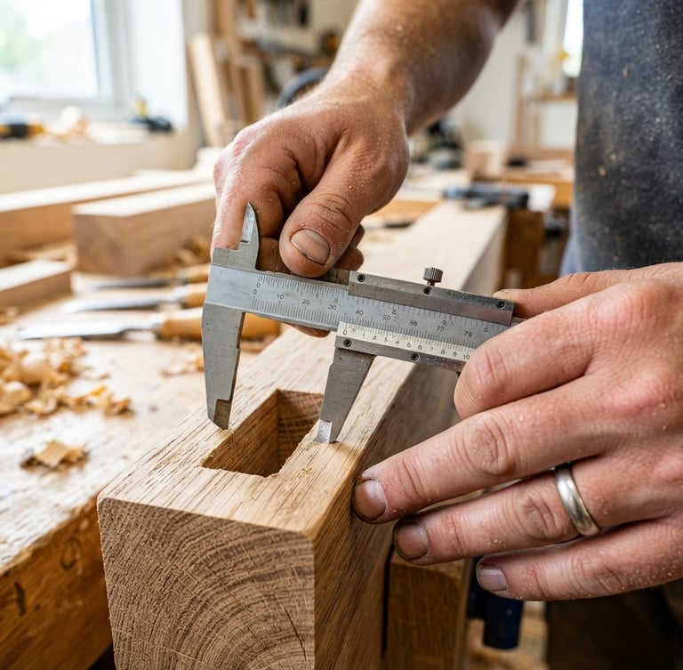 Macro close-up of hands holding steel calipers measuring a freshly cut mortise joint in oak timber, bright natural light, crisp focus