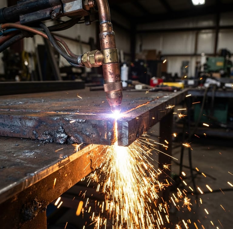 Macro close-up of sparks flying from a plasma cutter slicing through a thick steel plate, high-contrast industrial workshop lighting, sharp focus on the cutting tip, 35mm lens.