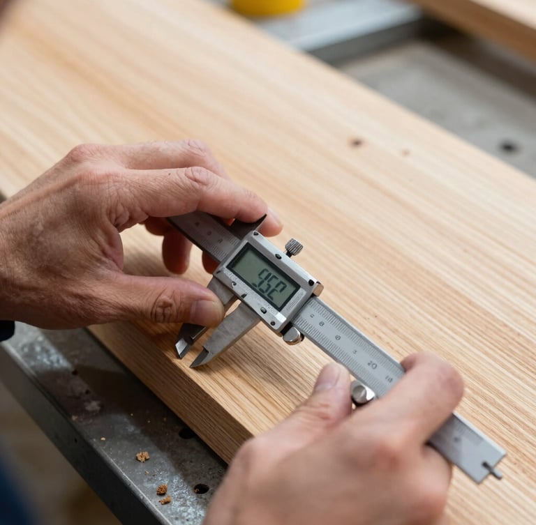 Close-up of hands holding digital calipers measuring a precise joint on a raw oak timber slab, bright workshop natural light, 35mm lens