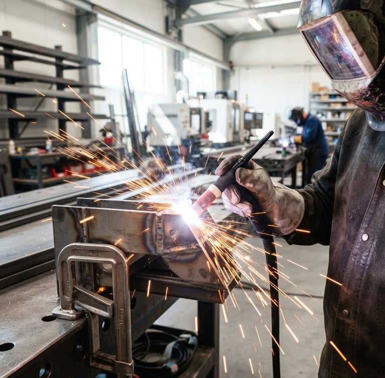 Close-up of bright orange sparks flying from a custom steel welding torch in a bright, modern fabrication workshop, sharp focus, 35mm lens