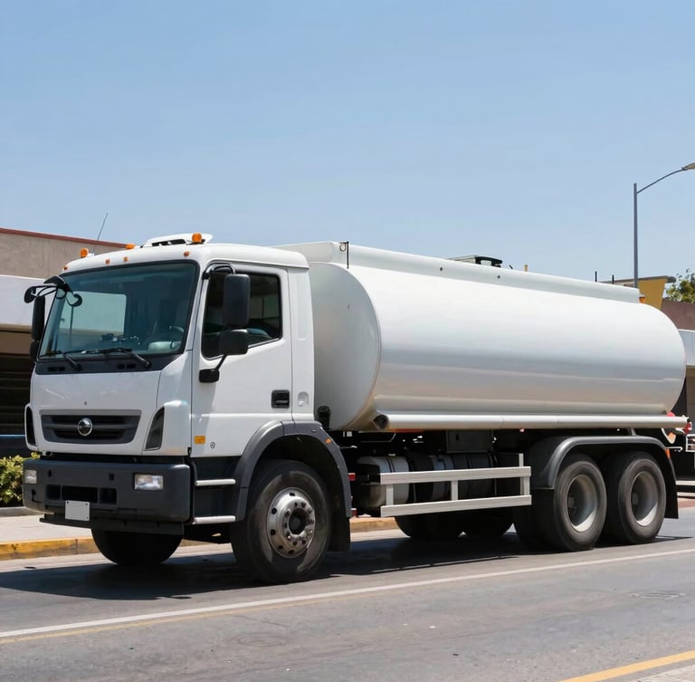 Wide environmental shot of a clean white water truck navigating a modern street in Guadalajara, bright midday sun reflecting off the polished metal tank, 35mm lens
