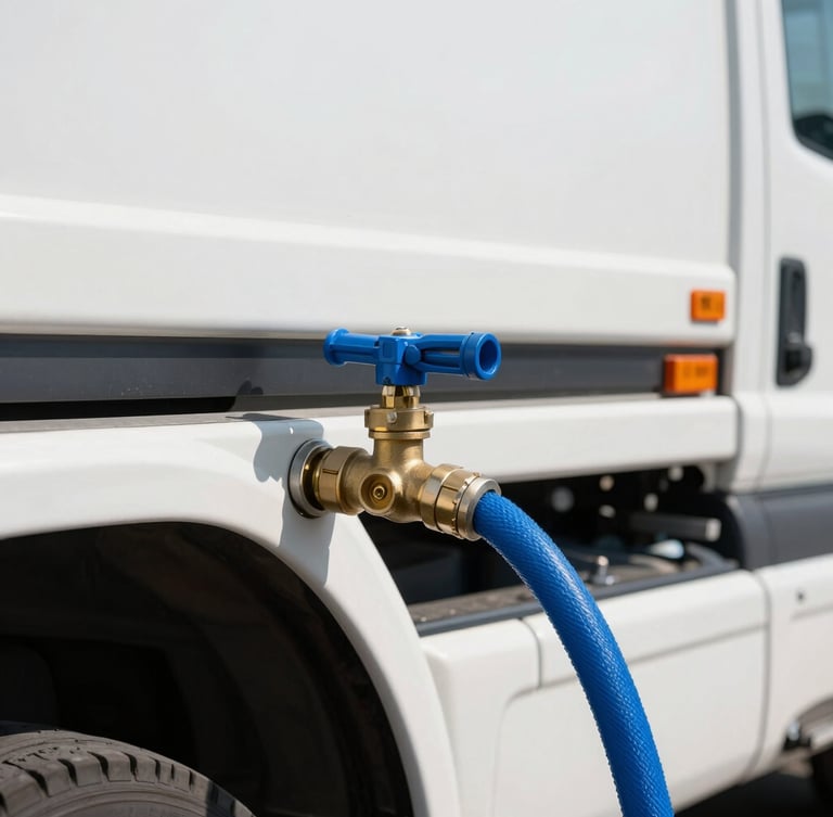 Macro shot of a heavy-duty blue water hose connected to a high-pressure brass valve on a modern white delivery truck, bright midday sun, sharp focus