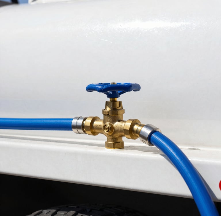 Close-up of a high-pressure brass valve on a clean white water truck, heavy-duty blue hose connected, bright midday Mexican sun, sharp focus