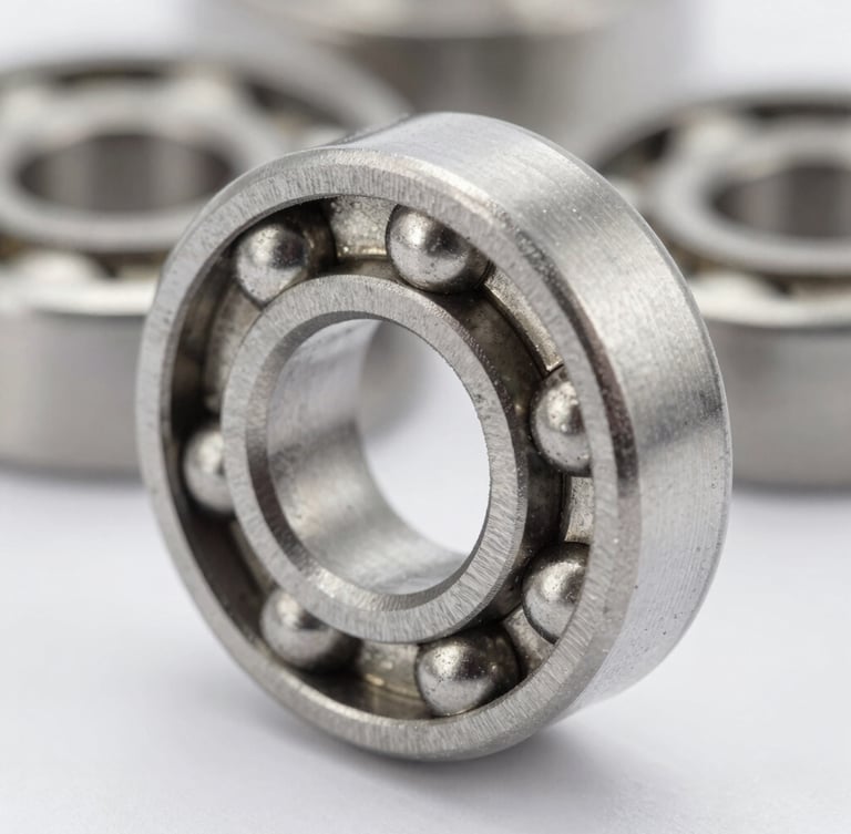 Macro shot of pristine steel ball bearings with sharp metallic reflections and high contrast, clean workshop background