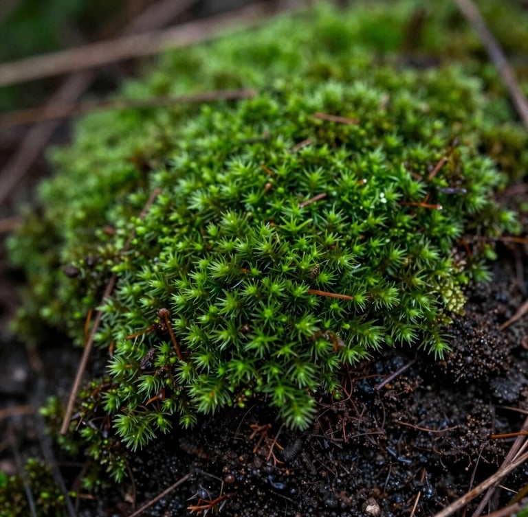 Macro close-up of rich dark fertile soil with vibrant green moss, soft overcast natural daylight, cinematic 35mm, shallow depth of field