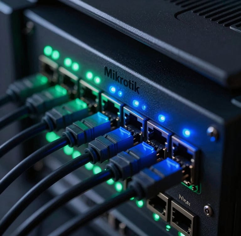 Macro shot of a Mikrotik CCR router panel with glowing green and blue ethernet status LEDs, organized patch cables, dark technical photography style
