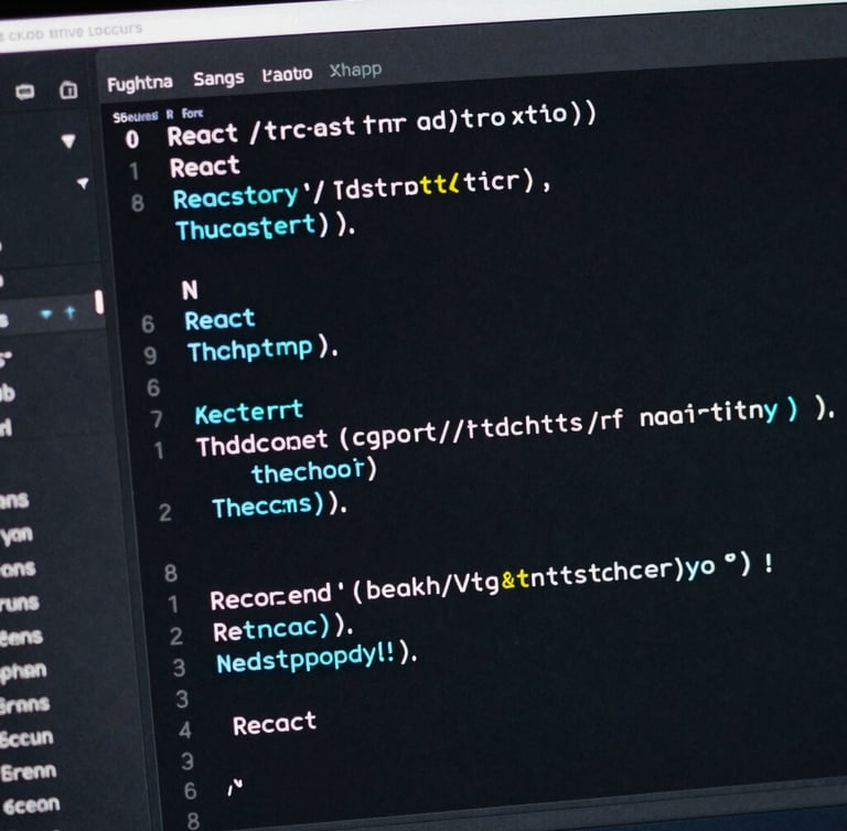 Macro shot of a dark-mode IDE interface showing clean, structured React and TypeScript code on a screen, subtle neon cyan light reflecting off the glass, sharp focus, engineering aesthetic.
