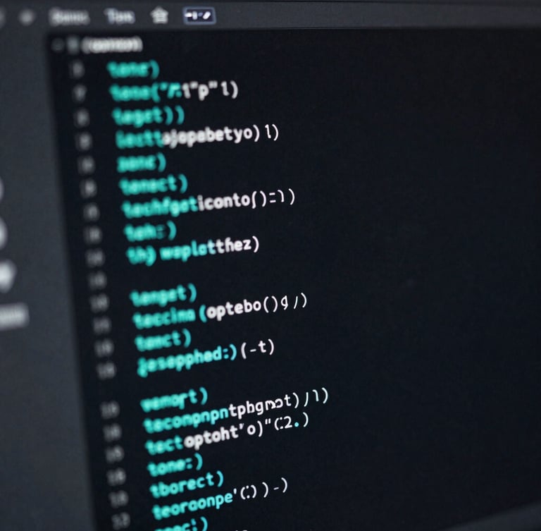 Macro shot of a dark IDE interface with clean code blocks, glowing cyan syntax highlighting, soft keyboard background, low-key ambient lighting