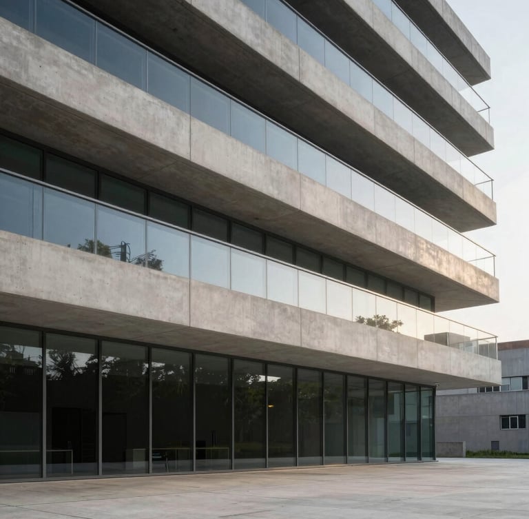 Minimalist concrete and glass building exterior, clean geometric lines, soft morning light, architectural detail, wide angle.