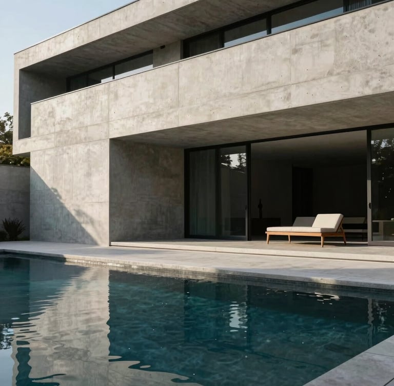 Wide environmental shot of a modern architectural villa facade with clean concrete lines, natural morning light reflecting on a minimalist pool, high-end design.