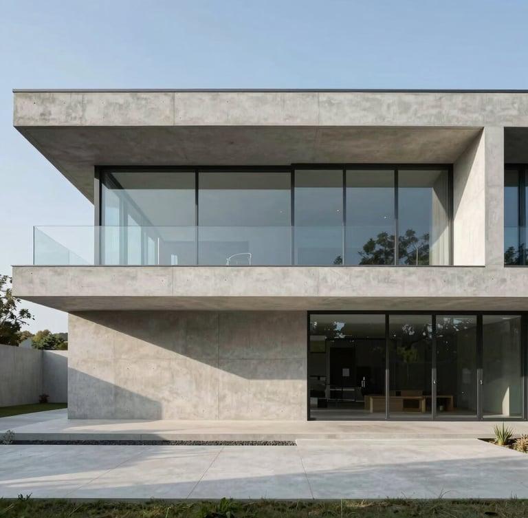 Wide environmental shot of a minimalist concrete and glass villa facade, clean morning light, sharp architectural lines, negative space, no people.