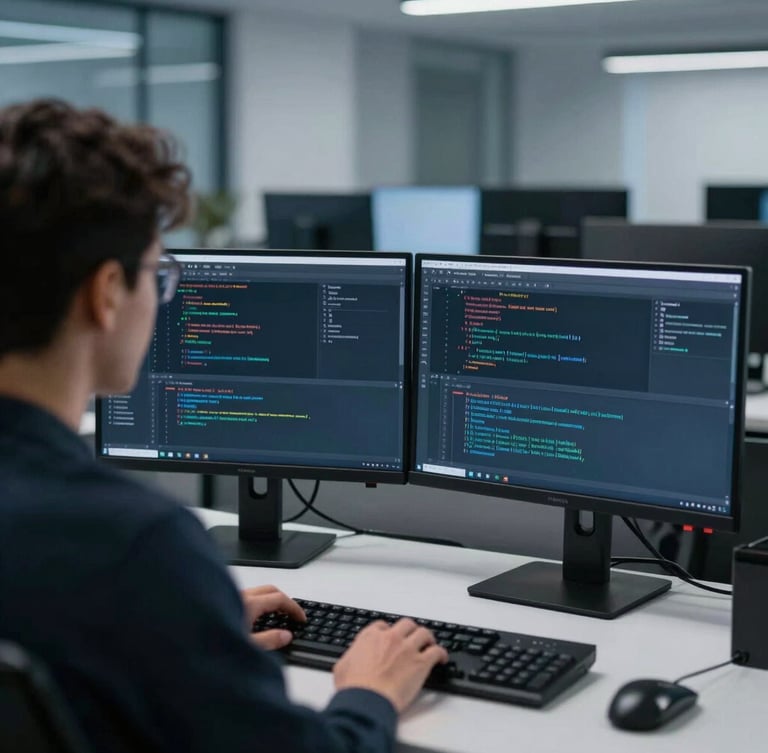Over-the-shoulder view of a developer workspace, clean desk, dual monitors showing structured code, cool-toned lighting, sharp depth of field, 35mm lens.