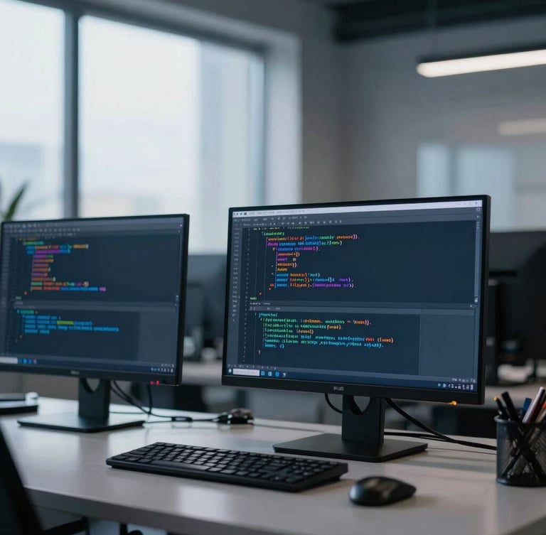 Clean developer workspace with code on screens, natural daylight mixed with cool-toned studio highlights, 35mm lens.