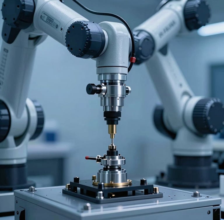 Macro shot of industrial automated robotic arm assembling precision hardware, cool-toned studio lighting with deep blue shadows, crisp depth of field